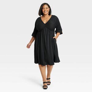 2X - Womens Dolman 3/4 Sleeve Knit Empire Waist Dress - Ava Viv - Black